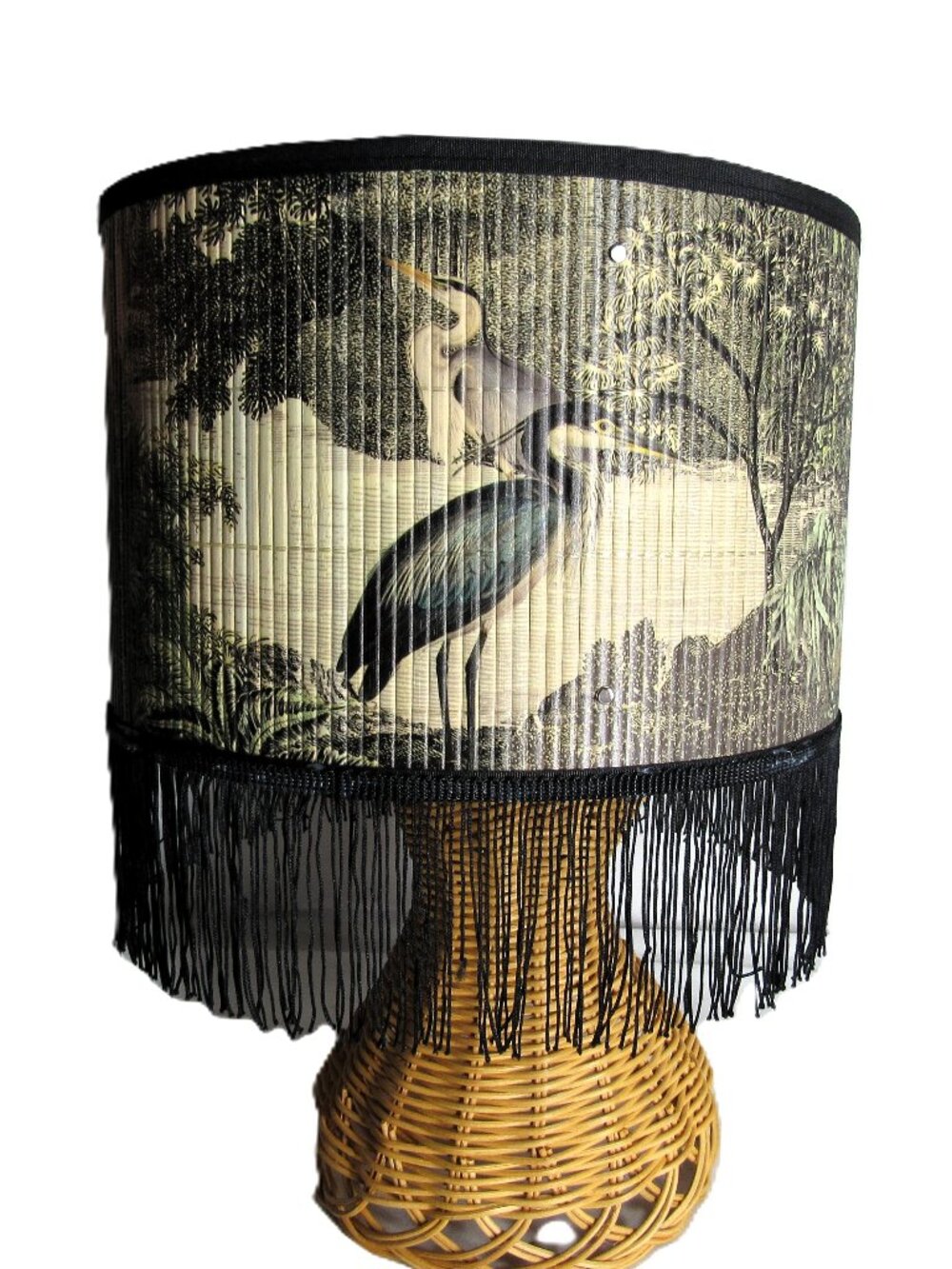 BAMBOO LAMP SHADE WITH 3" FRINGE  HERON BIRD AND WOODSEY THEME  NEW